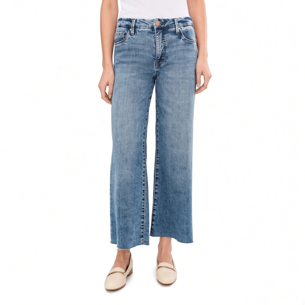KUT from the Kloth Meg Fab Ab Wide Leg Jeans Light Wash Raw Hem Size 10